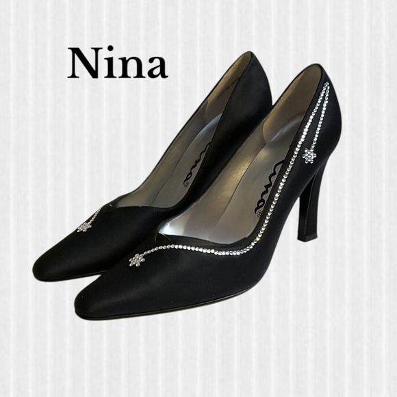 Nina Shoes - NINA Shoes Women's Size 7 Black High Heel Rayna LS Formal Lustre Satin Jeweled